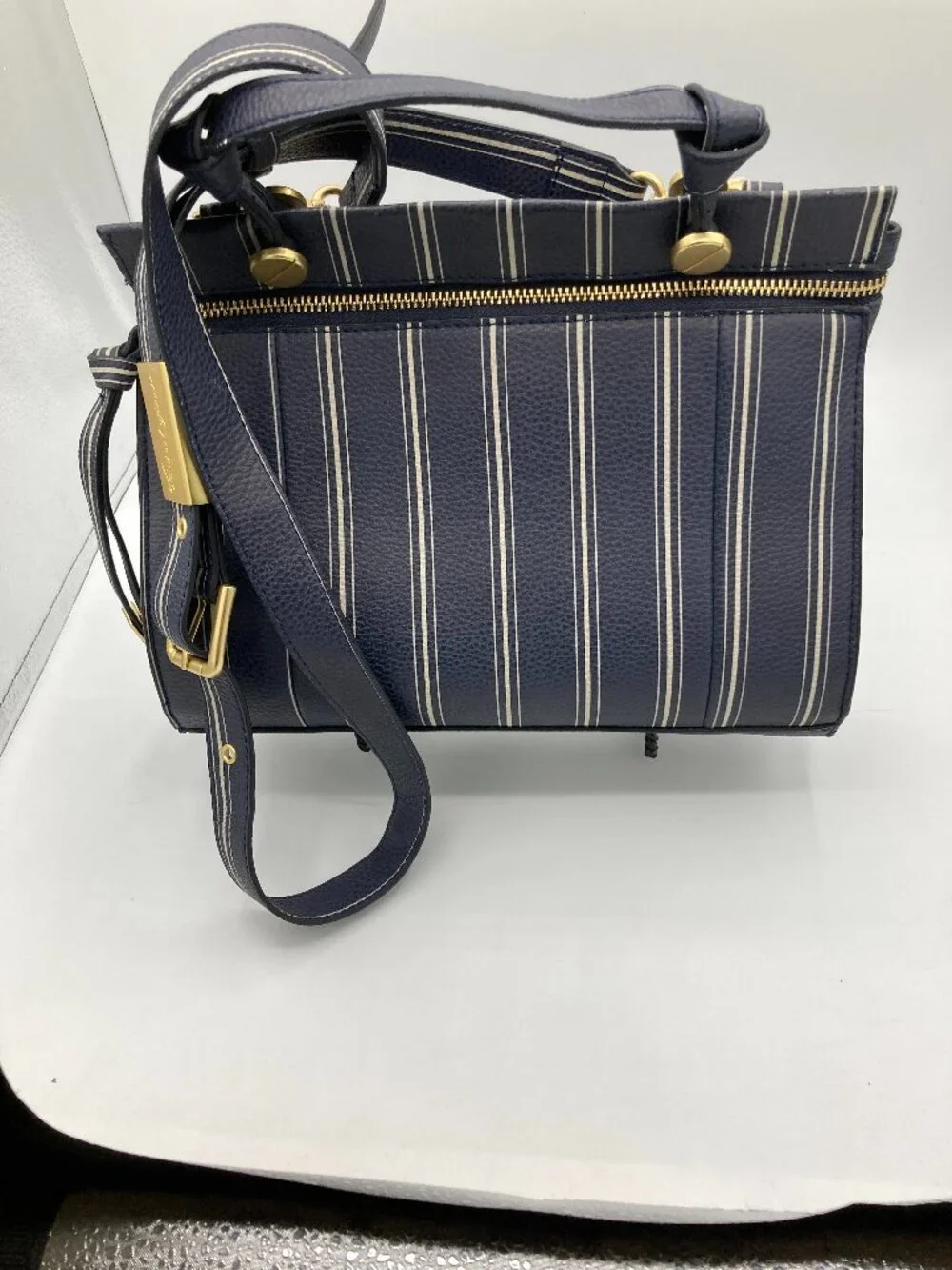 Foley + Corinna Navy and White Stripe Leather Shoulder Bag